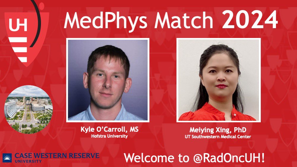 The #MedPhysMatch 💫 results for 2024 are in and we are thrilled to announce that Meiying Xing and Kyle O’Carroll will be joining us @RadOncUH in July as our newest residents! 🥳🥳🎉 Welcome to the team, Kyle and Meiying!