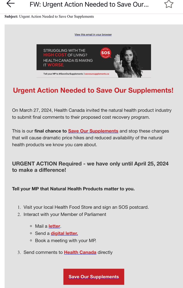 Canadians, You can do this. It’s your health at stake. 
Here are the links, in order, from the image of the email below.
Link 1: saveoursupplements.ca/?utm_source=Ad…
Link 2: static1.squarespace.com/static/6419f36…
Link 3: saveoursupplements.ca/get-involved?u…
Link 4: healthcanada.qualtrics.com/jfe/form/SV_a2…