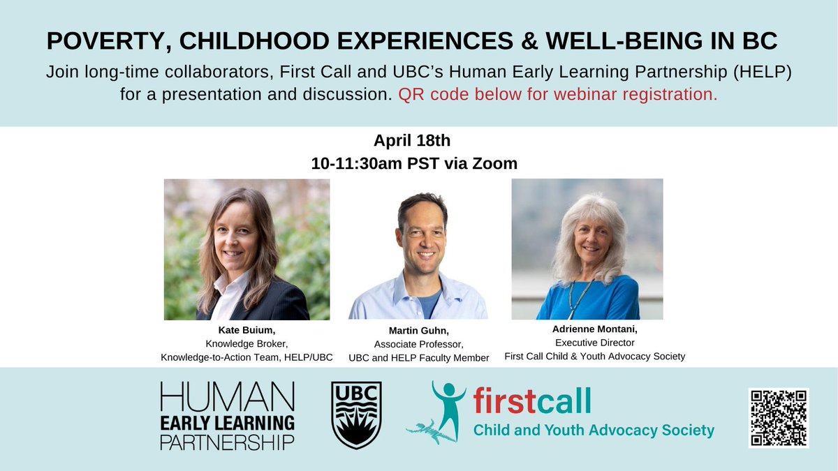 Join the experts at Human Early Learning Partner (HELP) and First Call as we discuss 'Poverty, Childhood Experiences & Well-Being in BC.' April 18th, from 10-11:30am. REGISTER TODAY for this important webinar! @HELP_UBC #EndChildPoverty