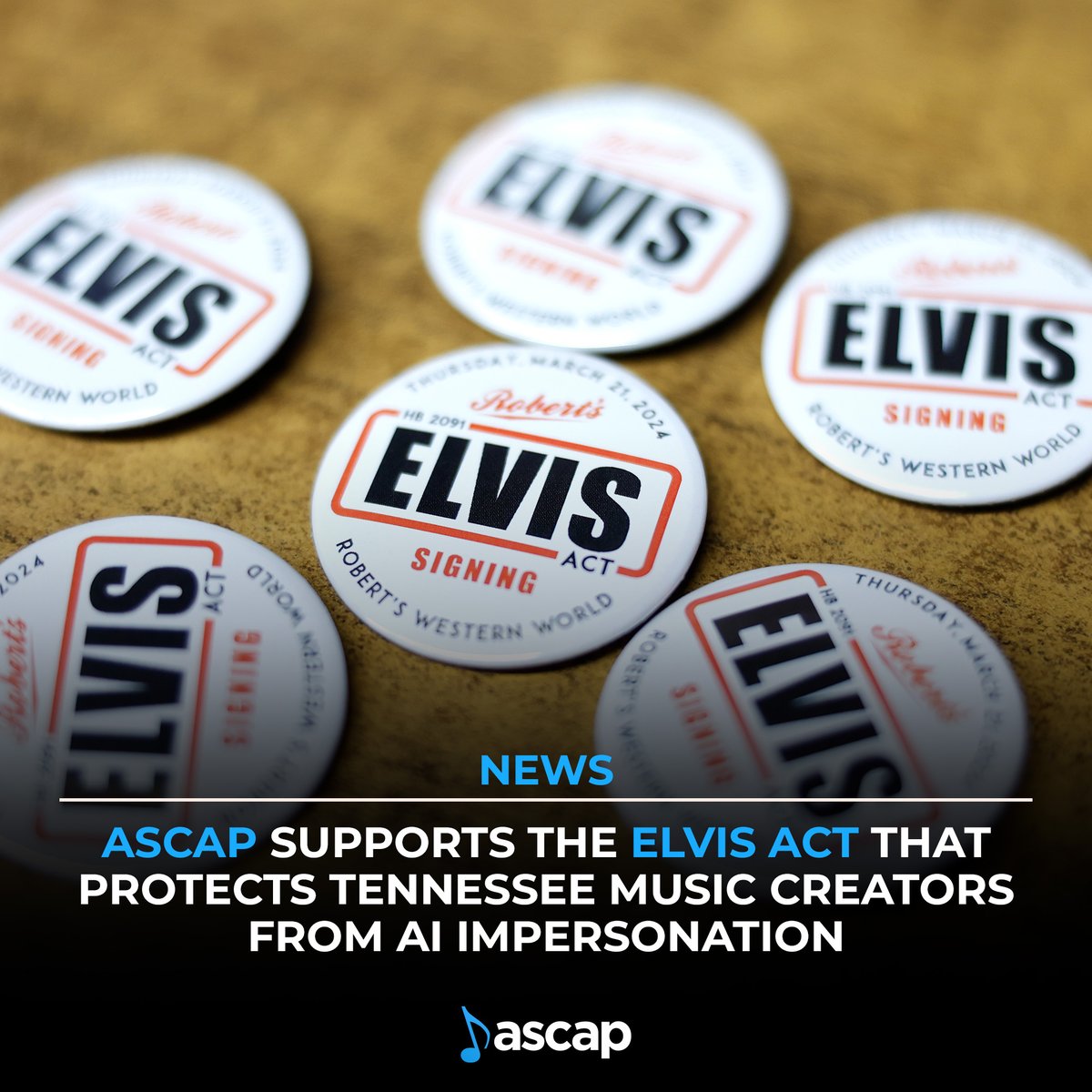 Tennessee is the first state to enact a law that protects musicians’ voices from unauthorized imitation by AI. We are proud to stand with so many ASCAP members who tirelessly advocated for the ELVIS Act. Learn more: bit.ly/4ag9WNY