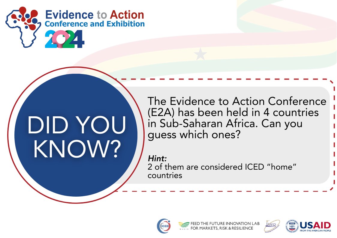 Ready for another E2A fact? E2A has been hosted in different African countries thanks to the support of many institutions and organizations. #E2A2024 will be in Accra, Ghana, July 22-28, 2024, focusing on #ClimateChange. #E2AbyICED is co-hosted by ICED, @MRRInnovLab & @ISSERUG