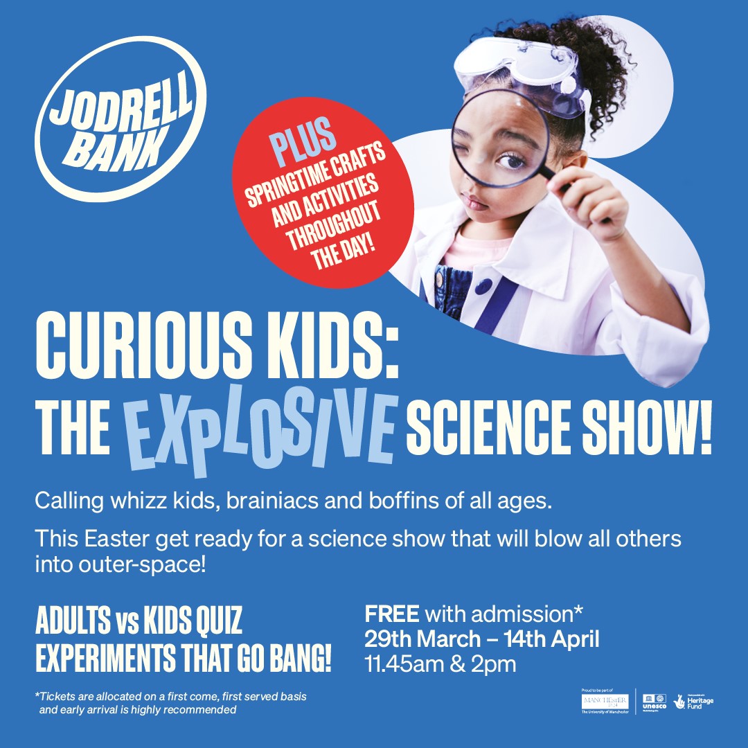 Jodrell Bank's EPIC Easter kicks off TOMORROW, and we can't wait to welcome you to two weeks of science shows, crafts, Dome Shows and hands-on learning about the wonders of space!☄️ Book a day trip which is sure to ROCK(et) via our website now!🚀 jodrellbank.net/booking/