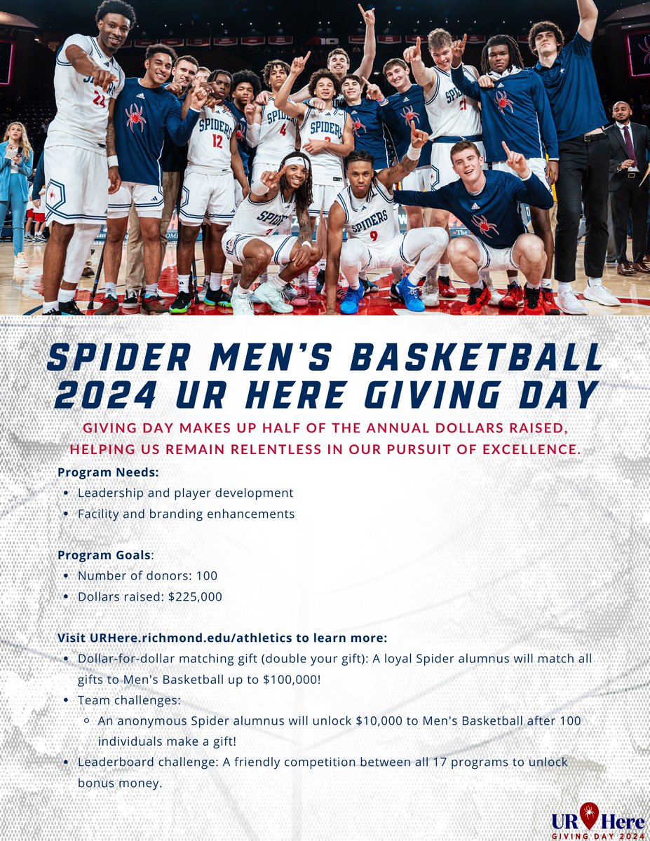 Less than a week away ... Coach Mooney is asking for your support for the program on UR Here Giving Day April 3rd & 4th! Keep the Spiders moving forward. Click the link in our bio to make your gift early! #URHere | #OneRichmond