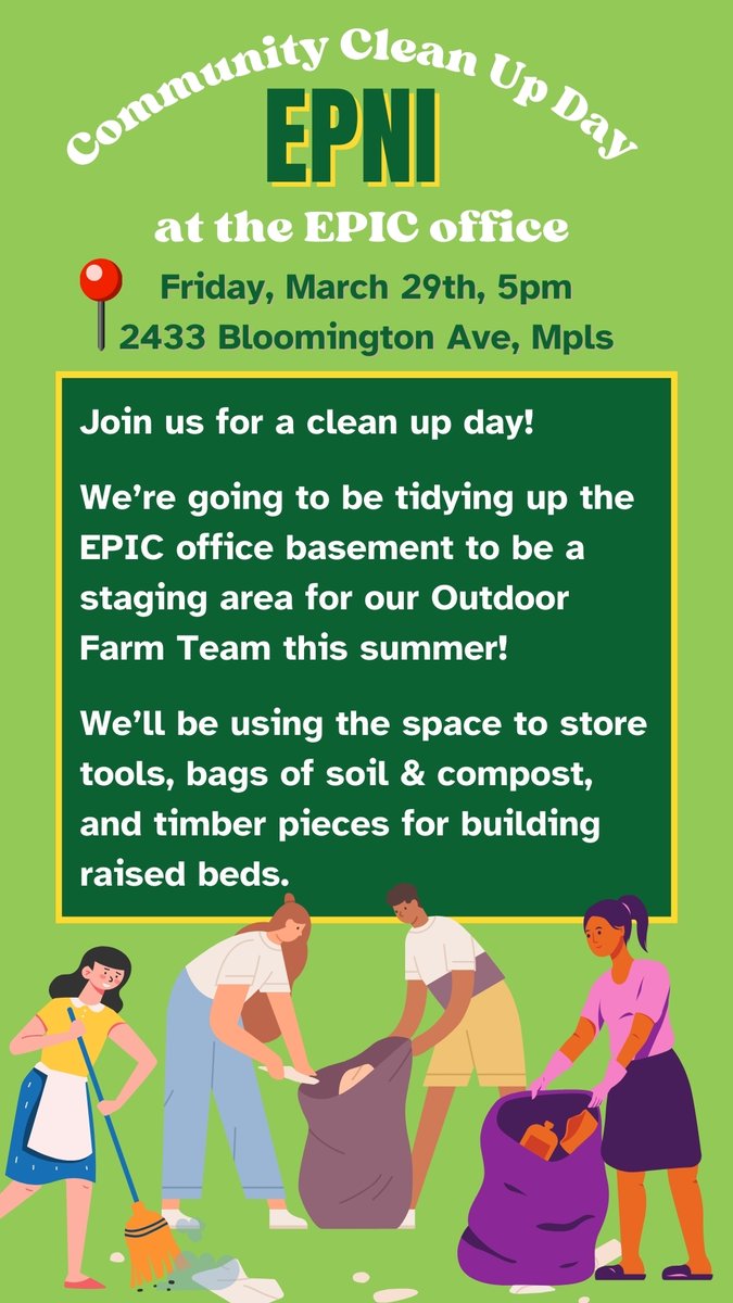 Calling on those who like cleaning and organizing! Come hang out and help as we get our supplies tidied up before the growing season starts. Find us at 2433 Bloomington Ave, Mpls starting at 5pm 🧹