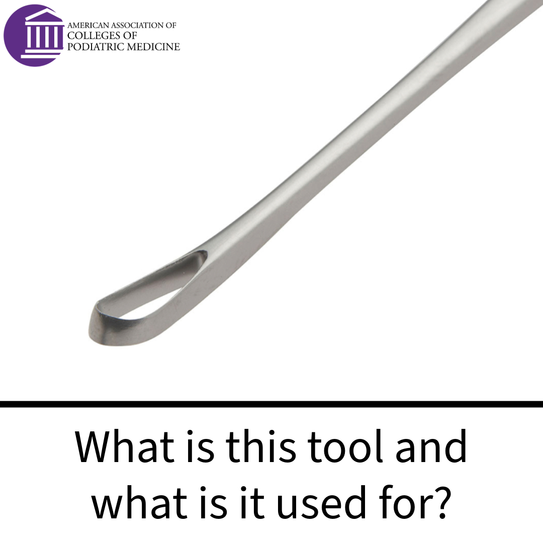 Do you know what this surgical tool is and what it is used for? This is called a curette. This sharp tool is used by podiatric physicians and surgeons to remove or scrape off lesions. Did you get it right? Explore Pod Med here: tinyurl.com/yahjkpf8.