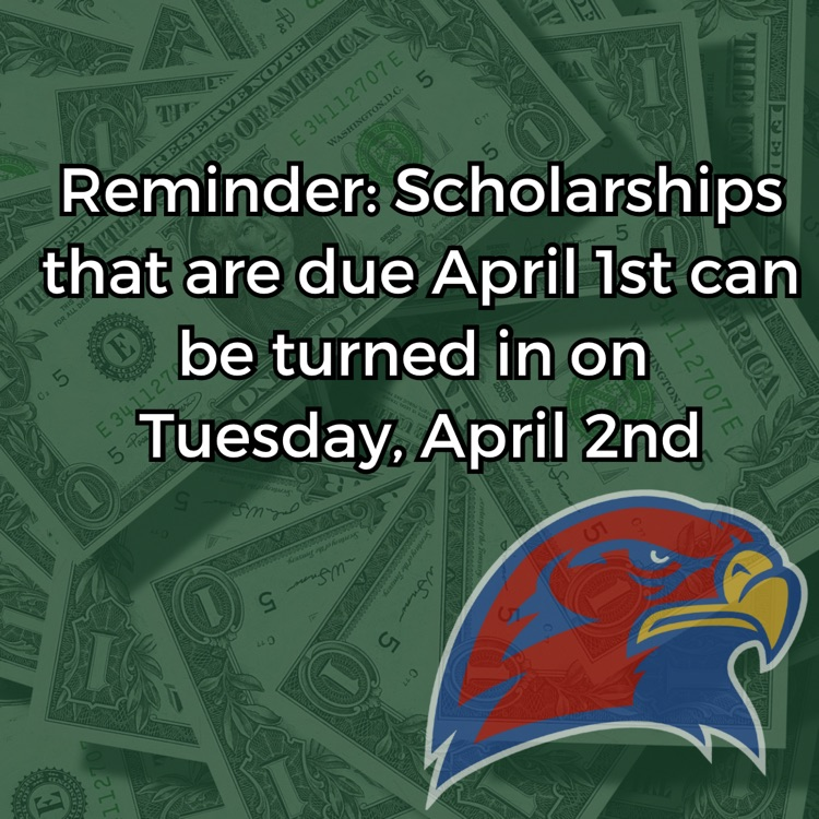 Reminder: Scholarships that are due April 1st can be turned in on Tuesday, April 2nd

🔴🔵  #HHSRedHawks #HHSRedHawkAlumni #USD415 #RedHawkReady #Hiawathaks #HiawathaKansas #VisitHiawatha 🔴🔵