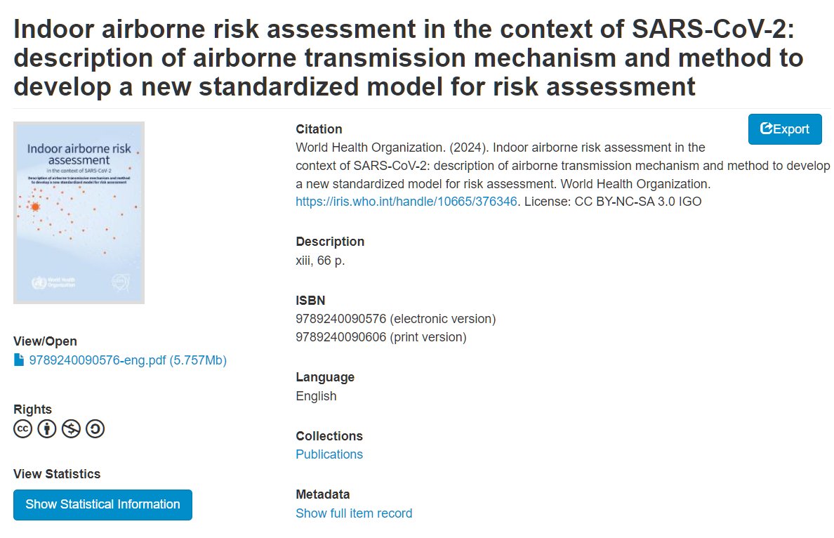 Three years ago on this day ASHRAE stated that Airborne transmission of SARS-CoV-2 is significant. Today, WHO finally released a model (iris.who.int/handle/10665/3…) of #CovidIsAirborne risk by experts in the field. /1