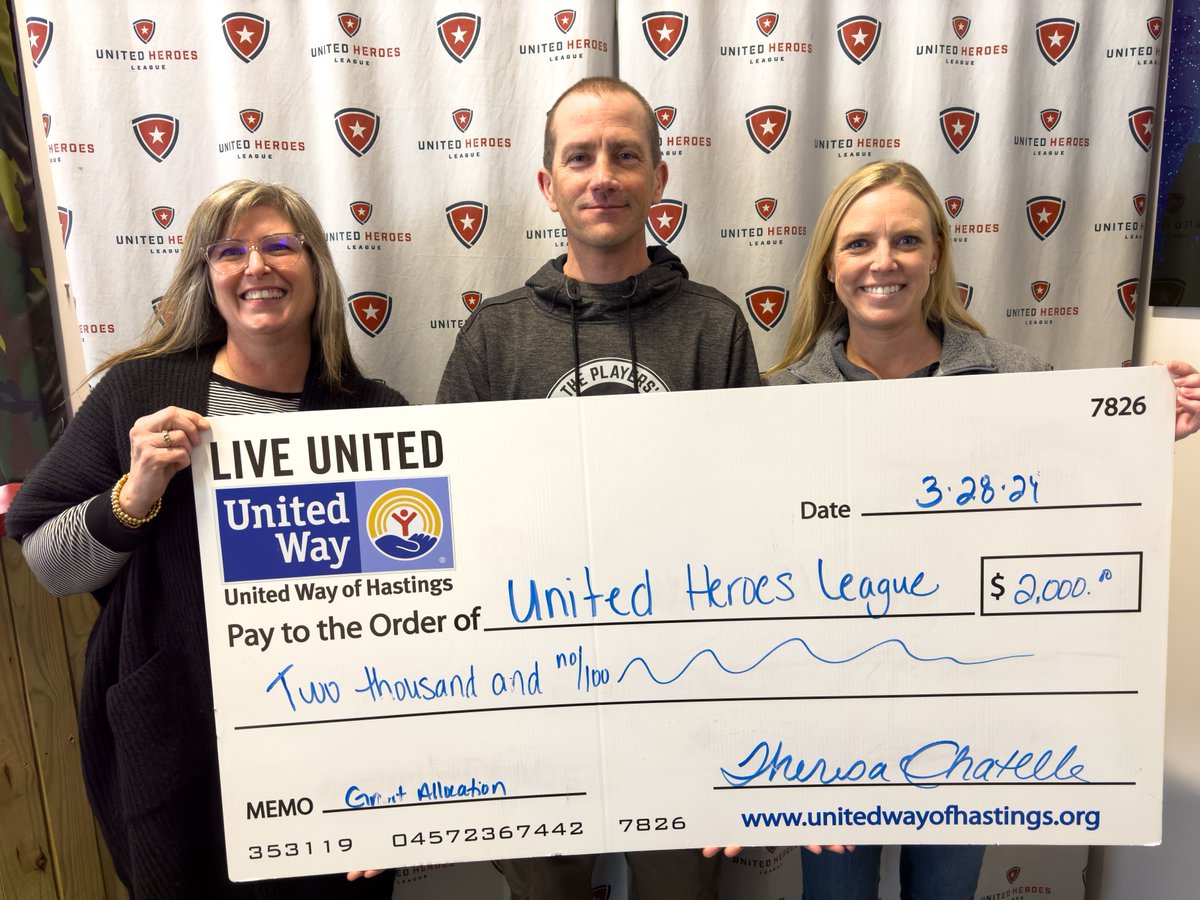 Thank youUnited Way of Hastings for the grant & UWH Director Theresa Chatelle for delivering the check to our President and Founder Shane Hudella and our VP of Administration Alysia Zarbo. #UHL #GiveUHL #UnitedHeroesLeague #MilitaryFamilySports #MilitaryKids #Veterans #Sports