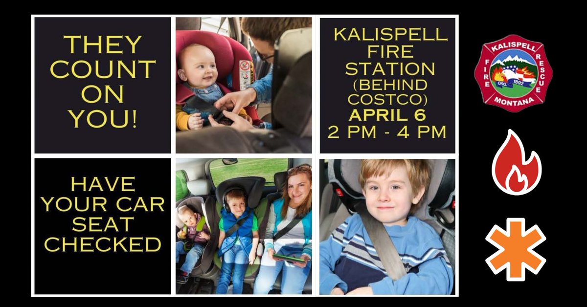 1 in 2 car seats are installed or used incorrectly. Make sure you are on the right side of that statistic. Stop in anytime between 2 and 4 pm, Saturday, April 6 at Kalispell Fire Station 62, 255 Old Reserve Dr. to check. #KalispellFire