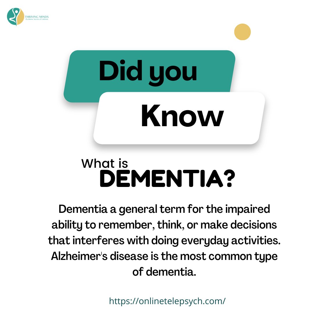 Dementia a general term for the impaired ability to remember, think, or make decisions that interferes with doing everyday activities. Alzheimer's disease is the most common type of dementia.

#onlinepsychotherapy #thrivingminds #Anxiety #dementia #Alzheimersdisease