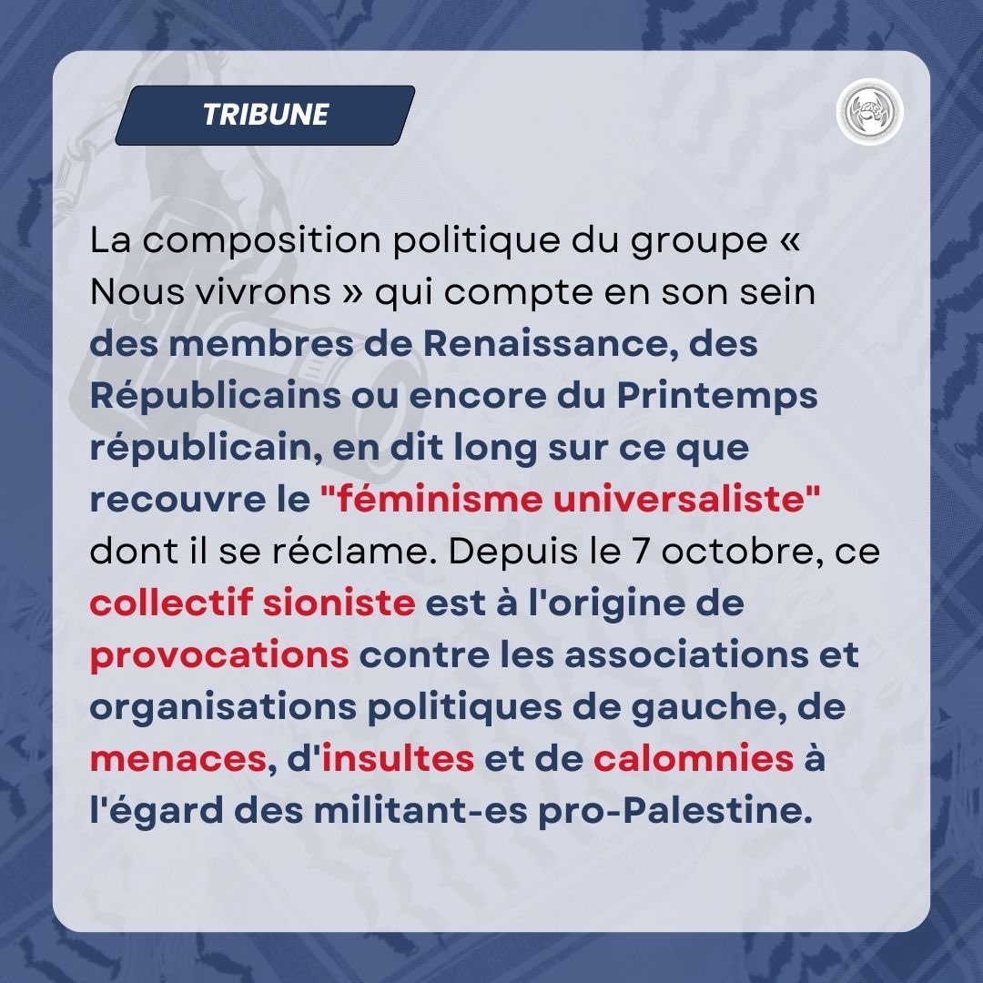 'Les soutiens d'un État génocidaire n'ont pas leur place dans nos luttes féministes!' @ReporterSol est signataire de cette tribune lancée à la suite de la manif du 8 mars où un service d’ordre sioniste s’en est pris violemment aux manifestants solidaires du peuple palestinien.