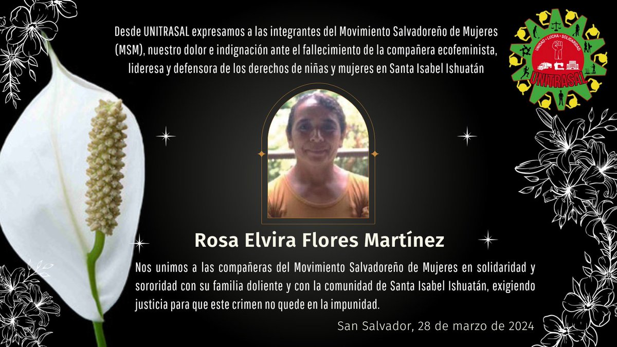 jupatraes's tweet photo. Desde #UNITRASAL nos solidarizamos con la familia, comunidad afectiva y compañeras del Movimiento Salvadoreño de Mujeres (MSM) por el lamentable crimen de la compañera lideresa y defensora de derechos humanos Rosa Elvira Flores M. ¡Nos unimos a la exigencia de #JusticiaParaRosa! https://t.co/pUE8JK6atJ
