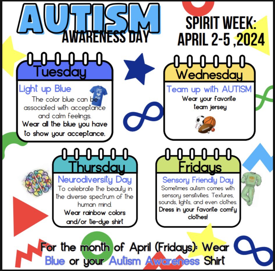 Clint ISD is participating in the following activities to increase autism awareness. Please join us next week from April 2-5th by participating in our spirit week.