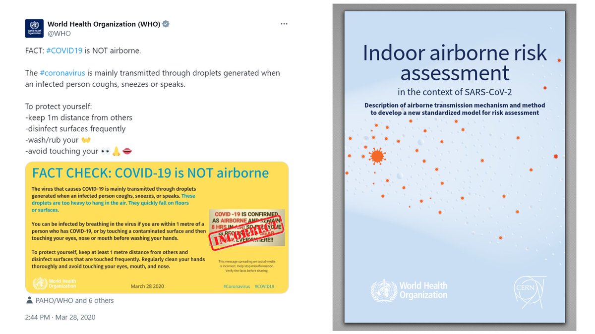 Four years ago on this day WHO said : 'FACT: #COVID is NOT airborne.' x.com/WHO/status/124… Today, WHO finally released a model (iris.who.int/handle/10665/3…) of #CovidIsAirborne risk by experts in the field that warned of airborne even earlier, but were shut out. /2