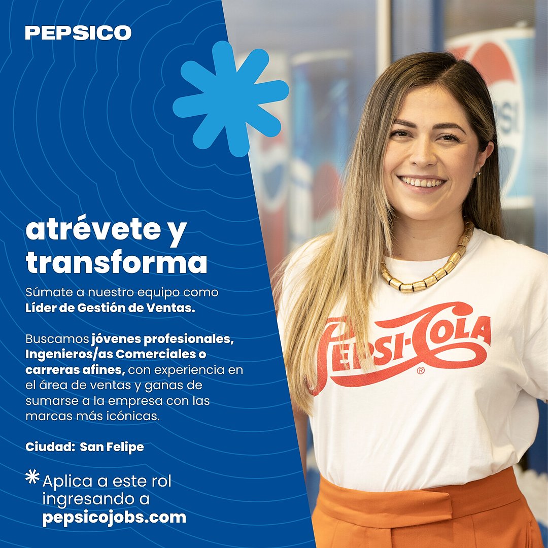 ¿Vives en San Felipe o alrededores? ¿Tienes experiencia en ventas y muchas ganas de crecer junto a las marcas más icónicas? ¡Postula y forma parte de nuestra familia! 💙 

#PepsiCoChile #OportunidadLaboral