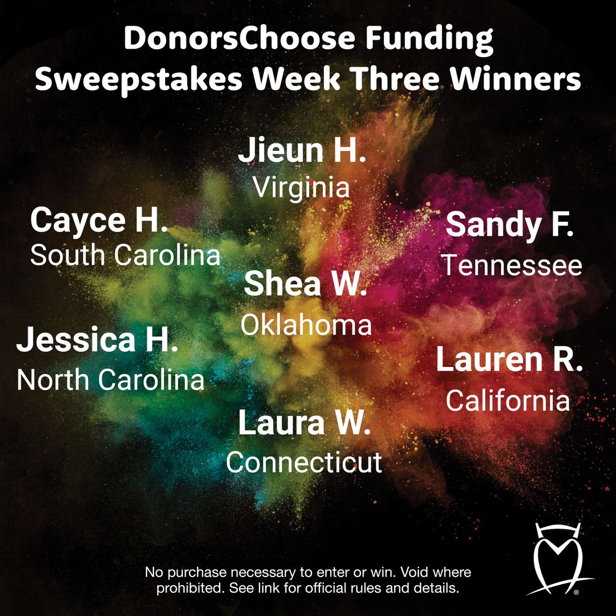 Congratulations to our week three winners! We still have two weeks left in our sweepstakes, and we’ll announce more winners next Thursday. Get your DonorsChoose project entered before April 11 for your chance to have it fully funded! Enter here: ow.ly/WOSe50R4BWI