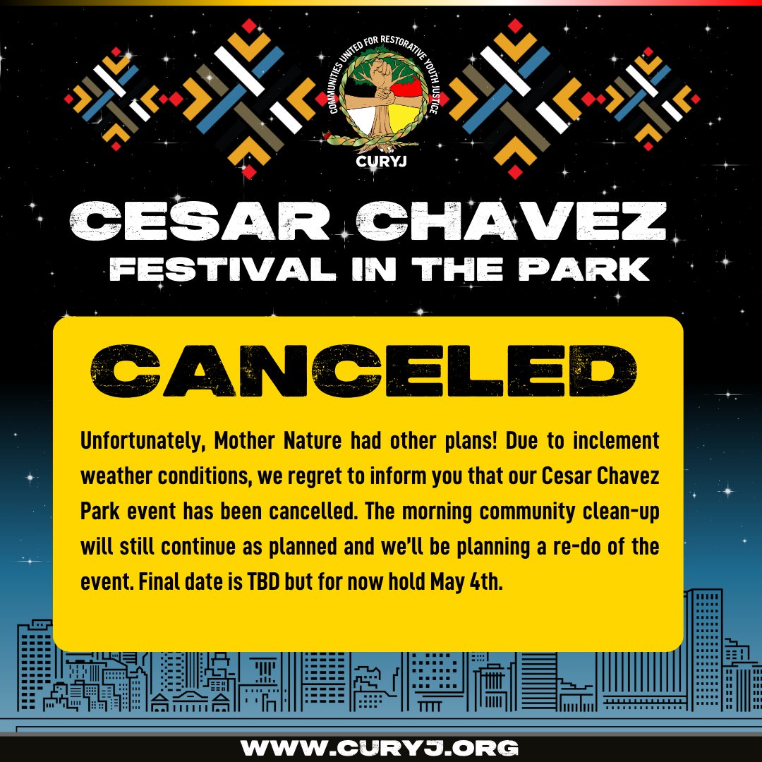 Our Cesar Chavez Festival In The Park is postponed due to weather. Our morning community clean-up will proceed as planned. Stay tuned for the rescheduled event, tentatively set for May 4th. Thank you for your understanding!