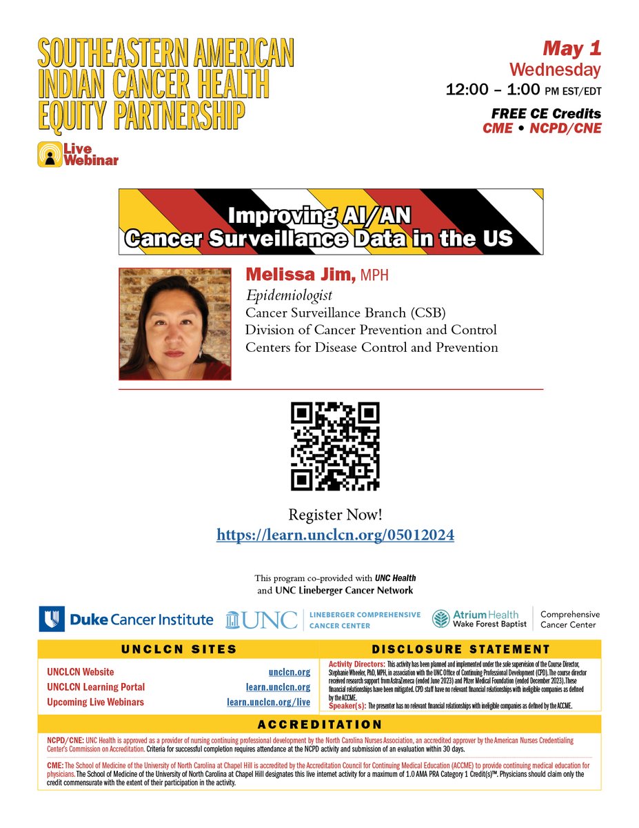 Improving AI/AN Cancer Surveillance Data in the US - Wed, May 1st at 12 pm ET with Lisa Jim, Epidemiologist at CDC - Register here lnkd.in/eUXGm6Mf #NativeAmericanHealth #IndigenousHealth #NativeAmerican #AmericanIndian #AlaskanNative #HealthyTribes #IndigenousPeople