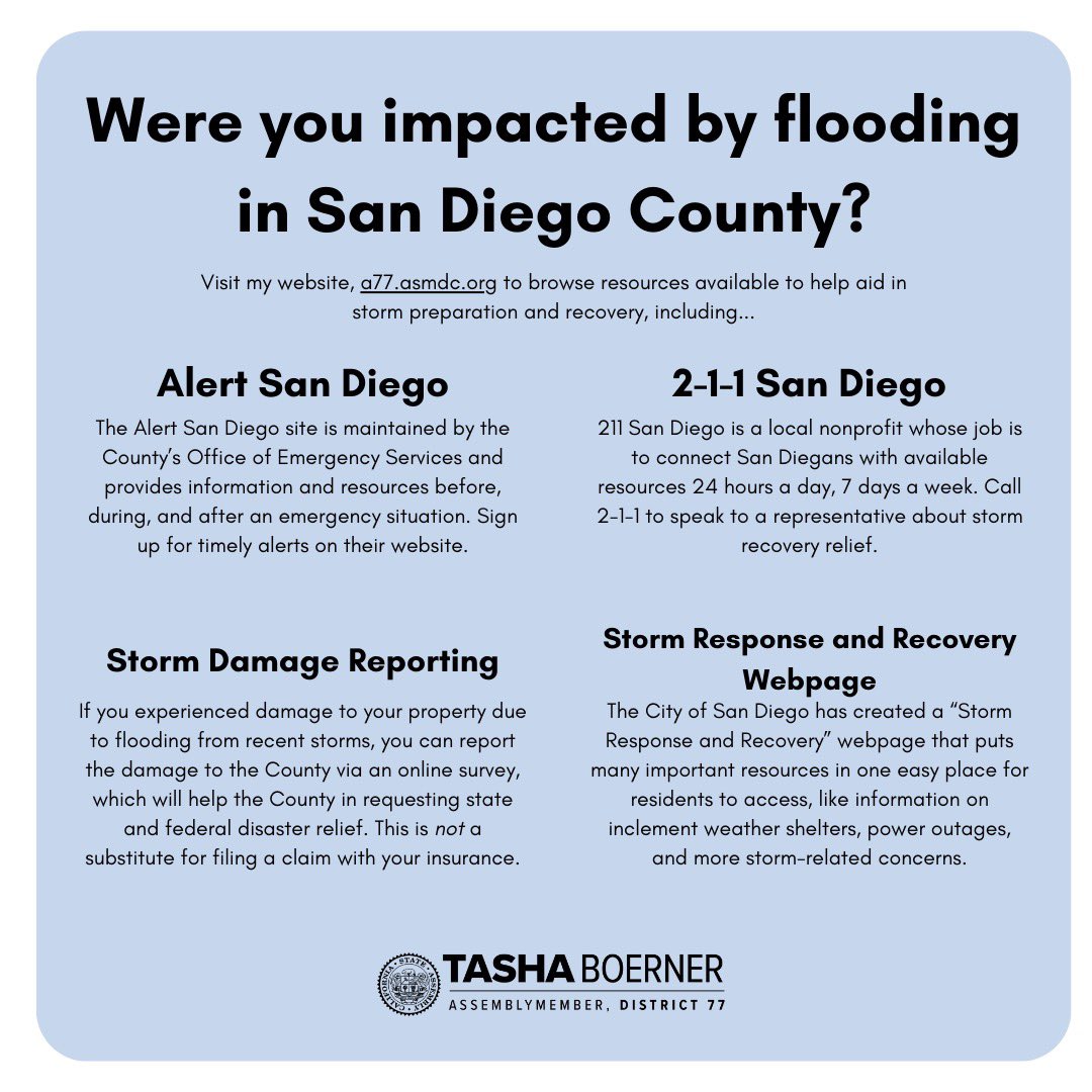 San Diego is expecting a storm this weekend. To ensure #AD77 is prepared in a flood emergency, please visit my website, a77.asmdc.org, and click “Flood Recovery Resources.”