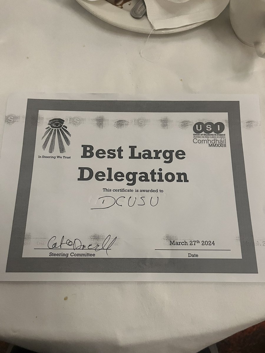 Thomas O Dowd (@tod_0212) on Twitter photo Delighted to have been part of the <a href="/DCUSU/">DCU Students' Union</a> delegation for <a href="/TheUSI/">Union of Students in Ireland</a> . A fantastic <a href="/DCU/">Dublin City University</a> delegation made up of 21 students that made some fantastic contributions over the week! We also received the award for best large delegation from <a href="/USISteering/">USISteering</a> last night! #usi24 Delighted to have been part of the <a href="/DCUSU/">DCU Students' Union</a> delegation for <a href="/TheUSI/">Union of Students in Ireland</a> . A fantastic <a href="/DCU/">Dublin City University</a> delegation made up of 21 students that made some fantastic contributions over the week! We also received the award for best large delegation from <a href="/USISteering/">USISteering</a> last night! #usi24