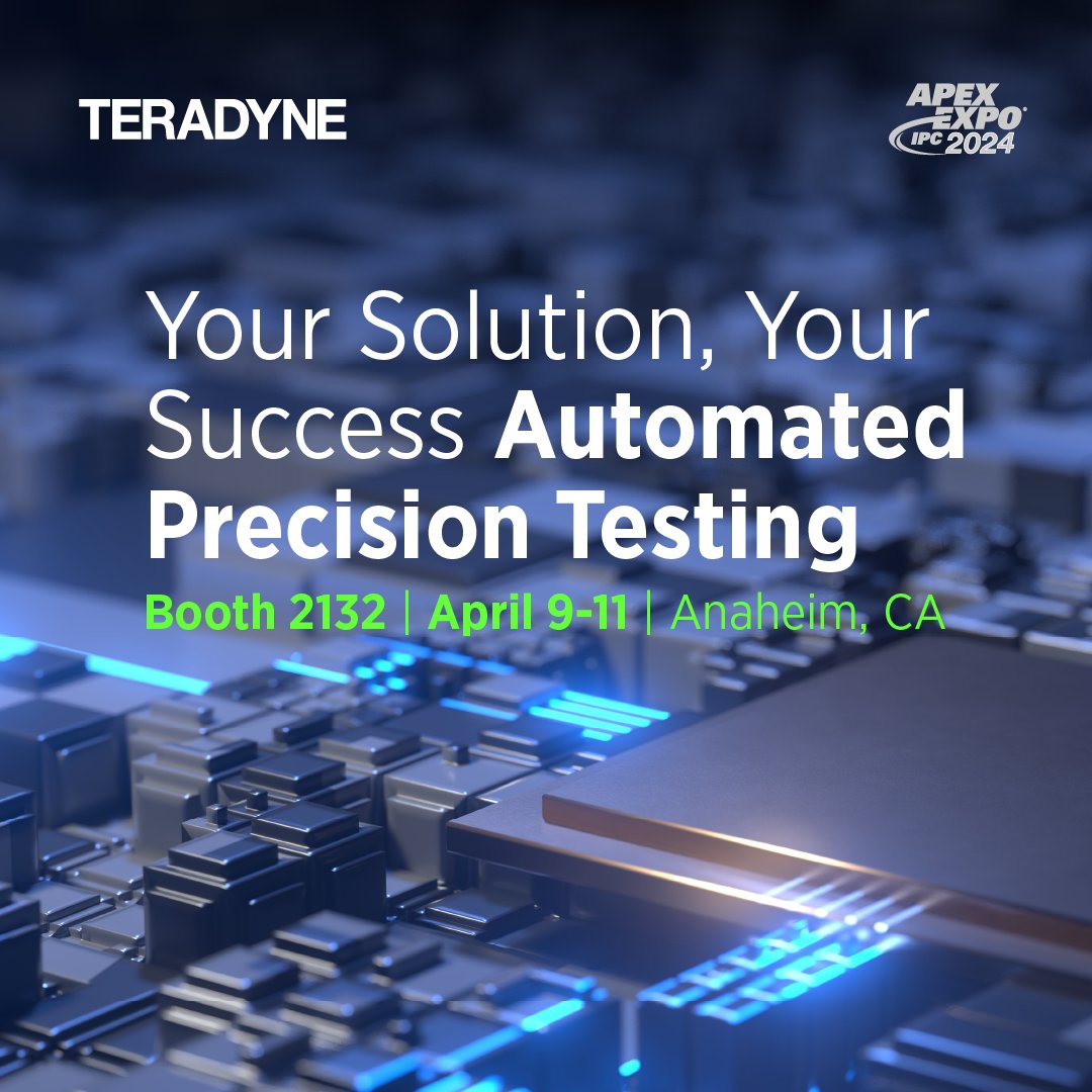Teradyneinc's tweet photo. Join Teradyne at IPC APEX 2024, April 9-11 in Anaheim, CA! Visit booth 2132 to explore in-line testing innovations. Discover how our solutions tackle test challenges, empowering your electronic manufacturing journey. Don't miss out – automate your success with us! #IPCAPEXEXPO https://t.co/xIQGOosPVg