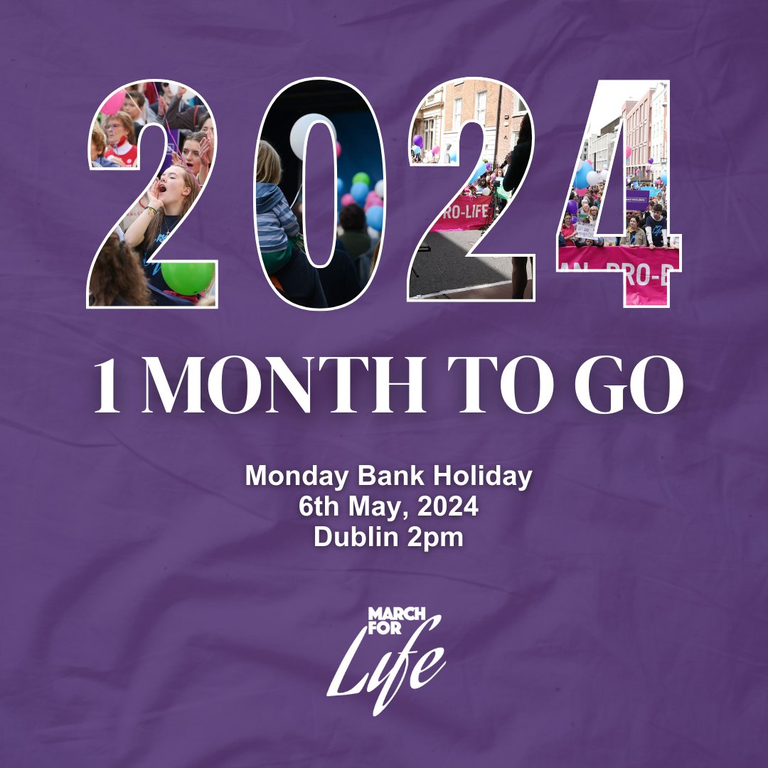 🌟 ONLY 1 MONTH TO GO 🌟

📅 May 6th, 2024 (Bank holiday Monday)
📍 St. Stephen's Green, Dublin
🕒 2pm

For more info visit marchforlife.ie

See you there 👏

#MarchForLife #MarchForLife2024 #ProLifeMovement