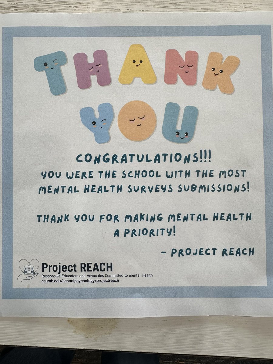 🐻 Congratulations to @VistaVerdeGrizz staff for being the school with the most mental health survey submissions for Project Reach from CSUMB. Thank you from our staff for the lovely breakfast! @CSUMB @ProjectreachOrg @GUSDEdServices @zjgalvan @LCortezGUSD @CSUMB_Alumni 🐻