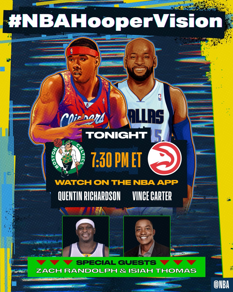 Watch Celtics/Hawks with @QRich, @mrvincecarter15, and special guests @MacBo50 and @IsiahThomas on the mic, tonight at 7:30pm/et on the NBA App! Submit your questions with #NBAHooperVision for a chance to have them answered on the stream! ➡️ link.nba.com/HooperVision-