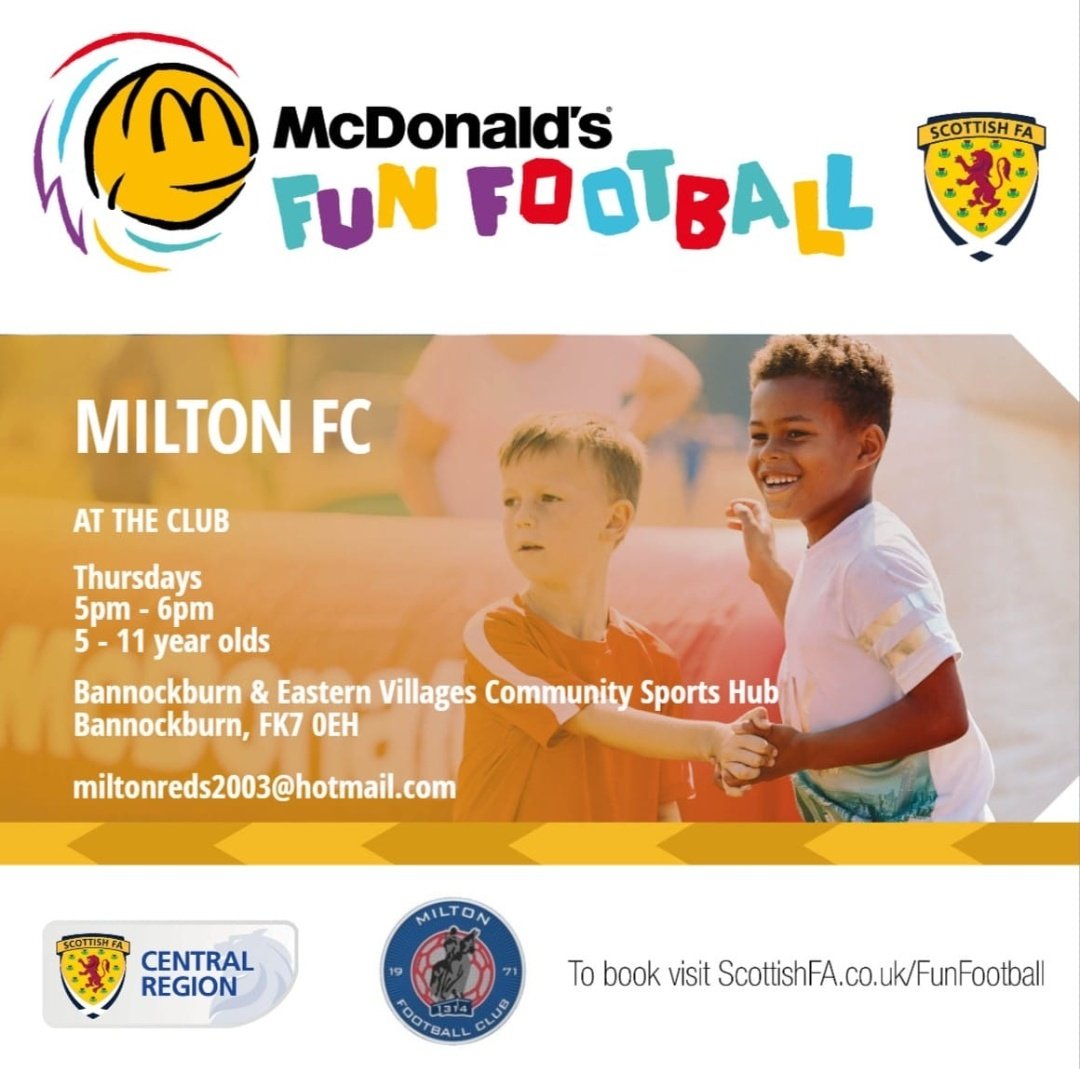 📢 Who wants FREE football 🙋‍♂️ **Its back from 18th April** The Milton FC, McDonalds @FunFootballUK is back and places will likely be in demand! Who can refuse free football..will you be lovin it!! @ScotFACentral @ClubSportStlg @ScottishFA @activestirling1