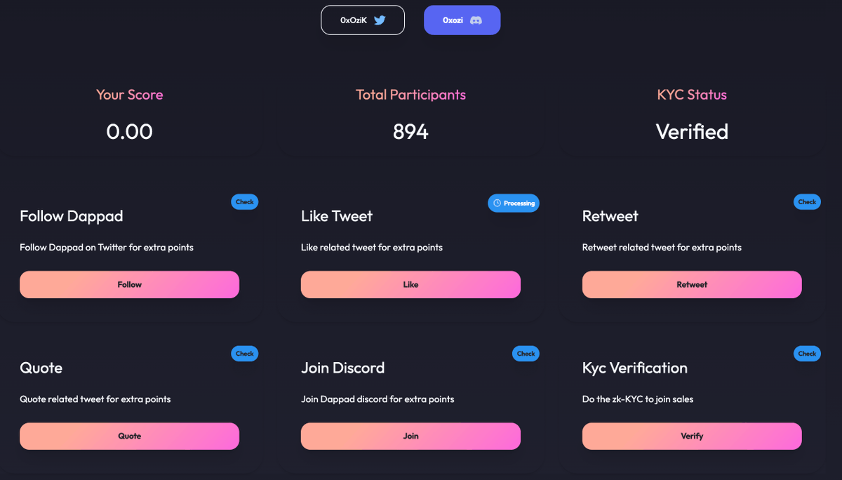 Dappad Etkinliğine katıldım 🥳

Kazananlar en avantajlı turdan 500$'lık token satın alabilecek. %25 TGE sayesinde ilk gün ana para + kâr alıp, diğer aylar maaş almaya devam edersiniz 💸

Görevler aşırı basit, 200 kişi kazanacak;
✅  Twitter ve Discord bağla.
🔗