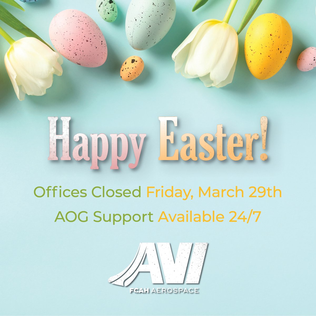 Happy Easter from all of us at AVI. #CelebratingTogetherness #HappyEaster2024 #EasterGreetings #FCAHAerospace #FCAH #HappyEaster #WeekendVibes #AOG #UnifiedSolutions #AirCargoEquipment #AVI #AviationInflatables #SurvivalProducts #FCAS #FirstClassAirSupport #CargoRepair