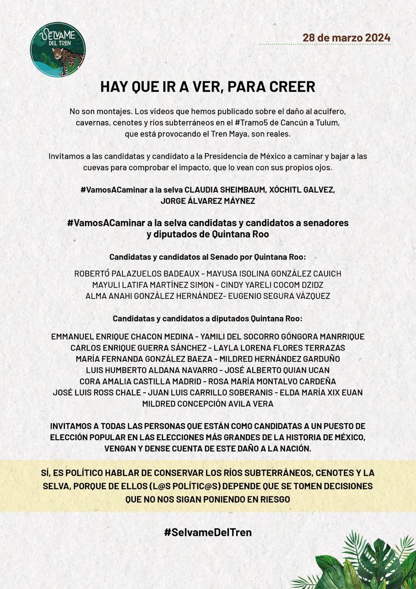 🔴 COMUNICADO 🔴 @Claudiashein @XochitlGalvez @AlvarezMaynez Y a todas las personas de este país, ayúdenos a que en la elección más grande de 🇲🇽 concienticemos a quienes van a llegar al poder y no nos sigan poniendo en riesgo. #SelvameDelTren