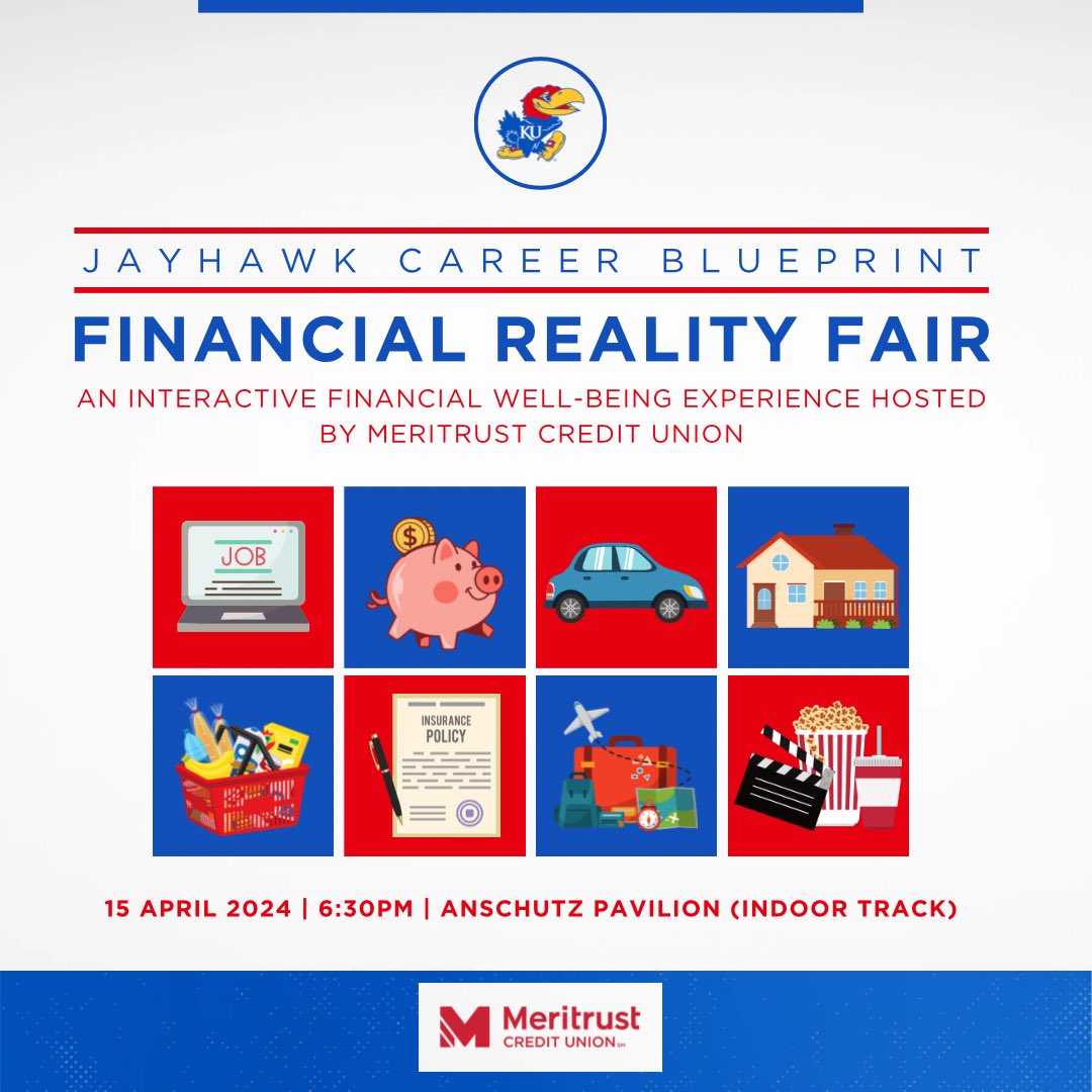 🗣️ Calling all Jayhawks! 🔵🔴 Don't miss our final Jayhawk Career Blueprint event of the semester 💼 We are teaming up with Meritrust for a Financial Reality Fair where you'll navigate through real-life financial choices. RSVP now! Check your email for more details!