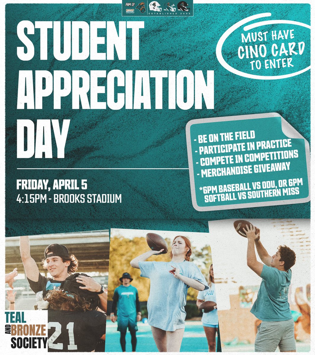 So you think you can ball? 🏈 Come practice with the Chants next Friday before the @CoastalBaseball and @CoastalSoftball games for Student Appreciation Day! 🗓️April 5 ⏰4:15pm 📍Brooks Stadium 🪪 Bring CINO card for admission! #BALLATTHEBEACH | #FAM1LY | #TEALNATION