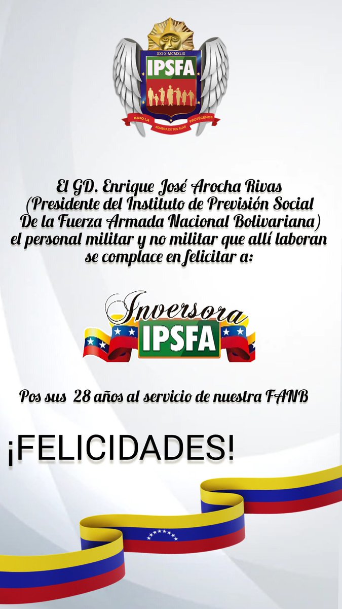 IPSFAespatria's tweet image. 📌 || La gran familia #IPSFA se complace en felicitar a @inversoraipsfao por celebrar hoy su 28 aniversario de esmero, dedicación y constancia, beneficiando constantemente a nuestra #FANB.
¡Felicidades!