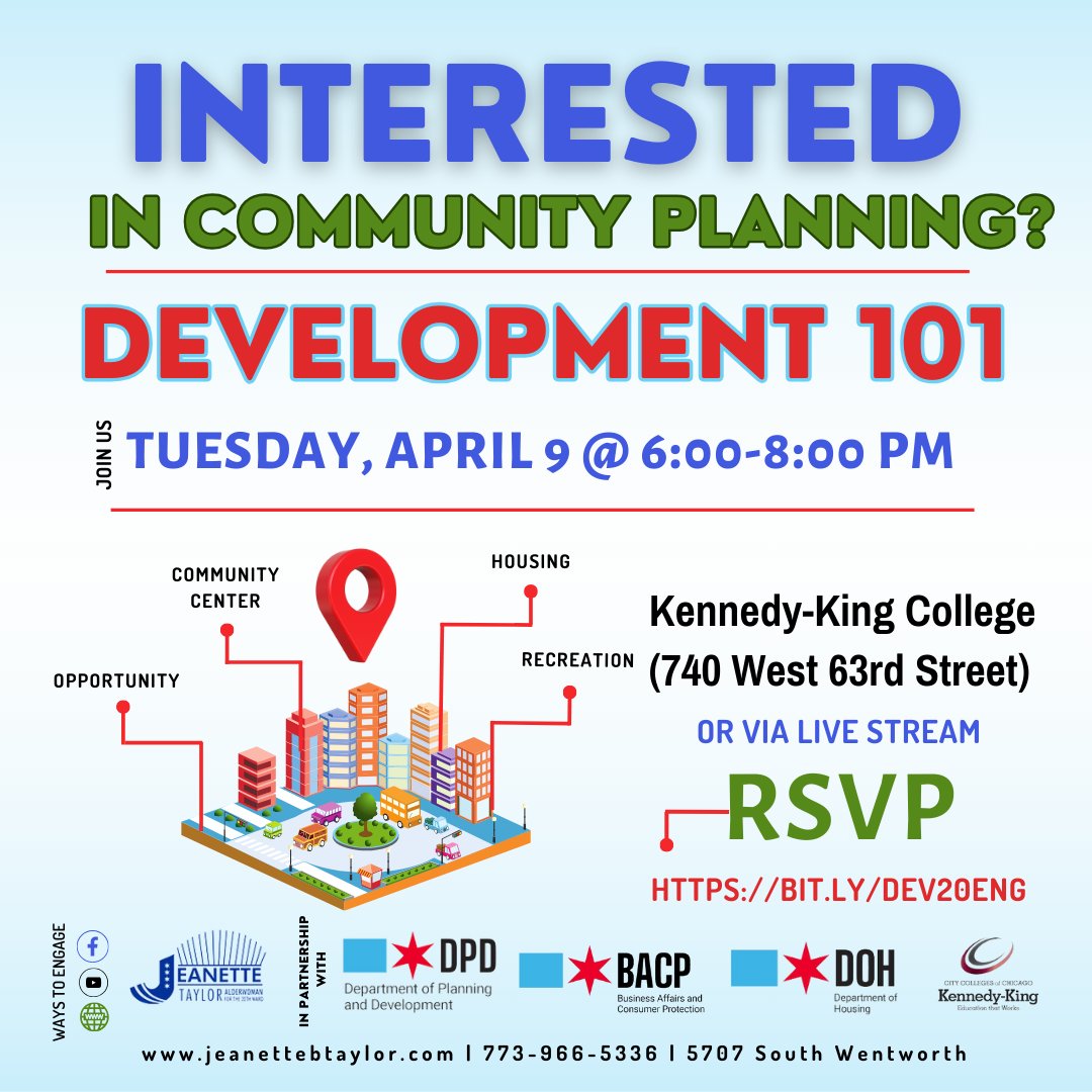 Interested in community planning? Join Ald. Taylor's office, DPD and DOH for a special community meeting at 6 p.m. on Tues. Apr. 9. Register to attend at bit.ly/Dev20Eng.