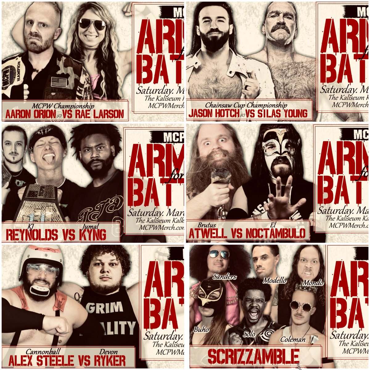 ‼️ THIS SATURDAY ‼️ MCPW “Armed for Battle” Sat. March 30th - 6pm The Kaliseum - Kalkaska, MI MCPWMerch.com for tickets! Feat… Orion/Larson - MCPW Title Hotch/Young - Chainsaw Cup Reynolds/Kyng Atwell/Noctambulo Steele/Ryker Scrizzamble +Matthias, Hype, & more!