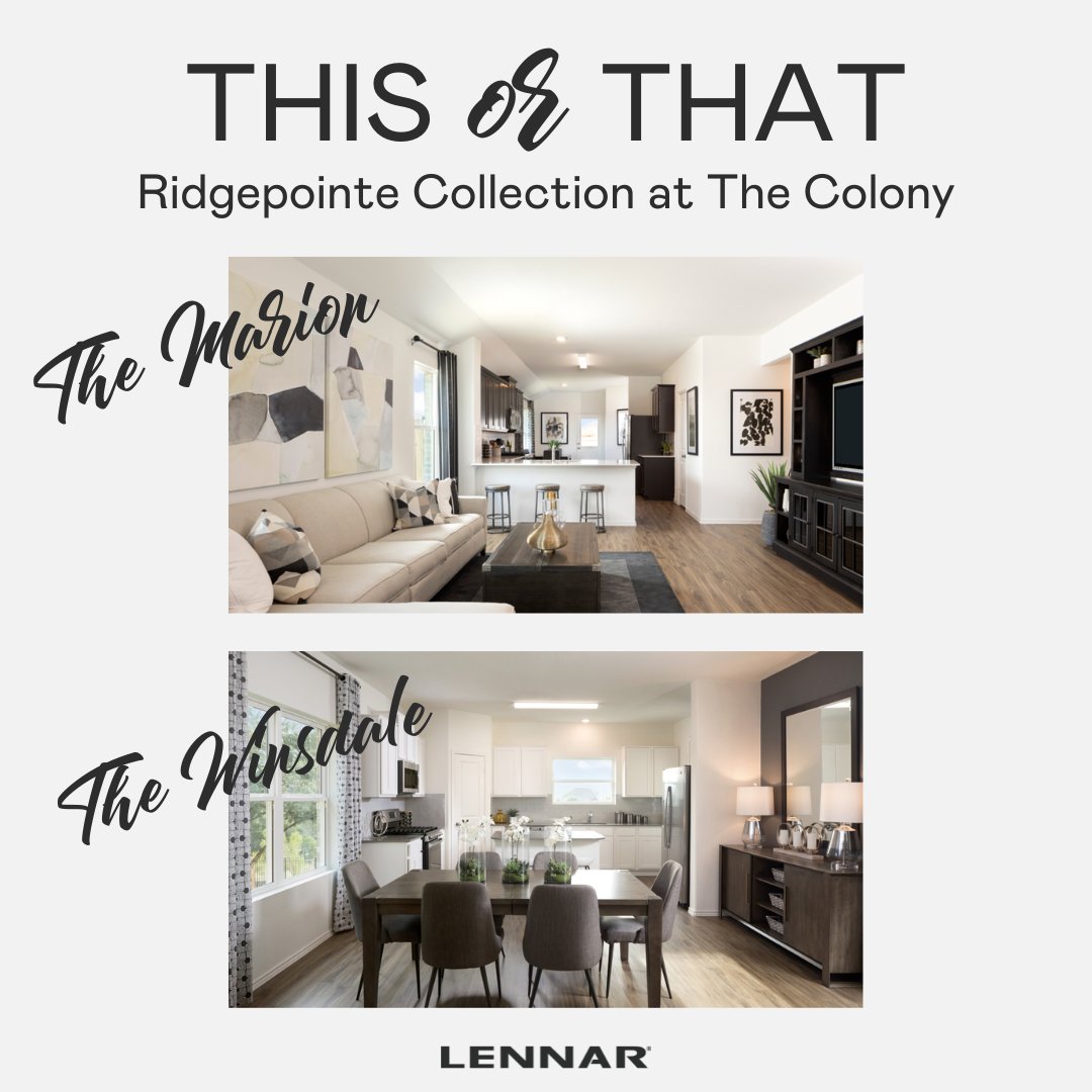 Check out these incredible home plans at The Colony in Bastrop, Texas! The Marion and Winsdale are just a couple of our amazing plans from our Ridgepointe home collection. Which one is your favorite?

Call 512-489-6838 to schedule a visit!

#lennaraustin #lennarhomes #thisorthat