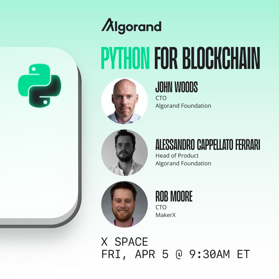 AlgoFoundation's tweet image. 📣 Python developers, let&apos;s talk Python for blockchain.

@JohnAlanWoods @loedn_ and @robdmoore are hosting an X Space to discuss #PythonOnAlgo and how it enables compatibility with Python-native tooling.

If you are a developer who&apos;s tried Python for blockchain and want to share…