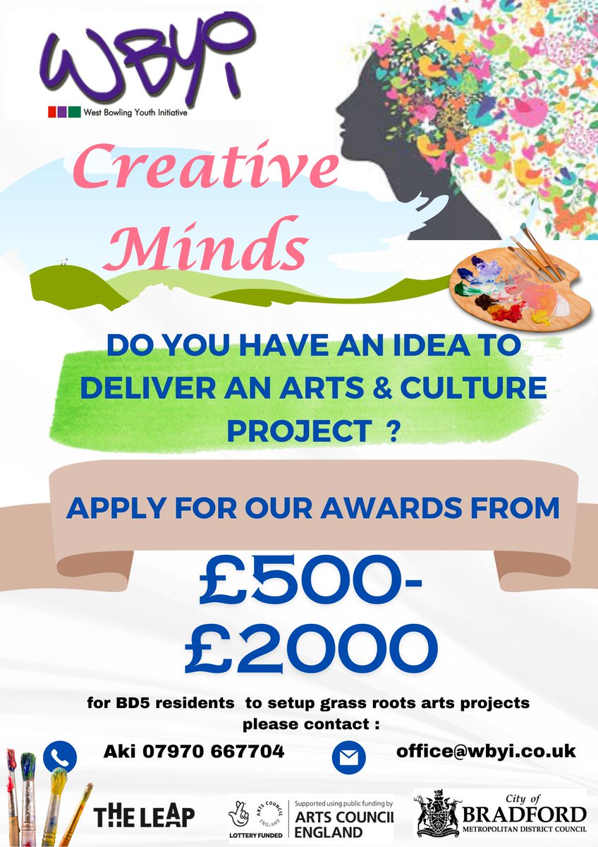 Do you have an idea for an Arts & Cultural Project? 📢 Our Creative Place Partner #WBYI are offering Awards of £500-£2000 for #communityledculture projects, Get in touch 07970 667 704, for more info. #theleapBD #Communityledculture #Bradford #ArtsCouncilEngland #Create #Arts