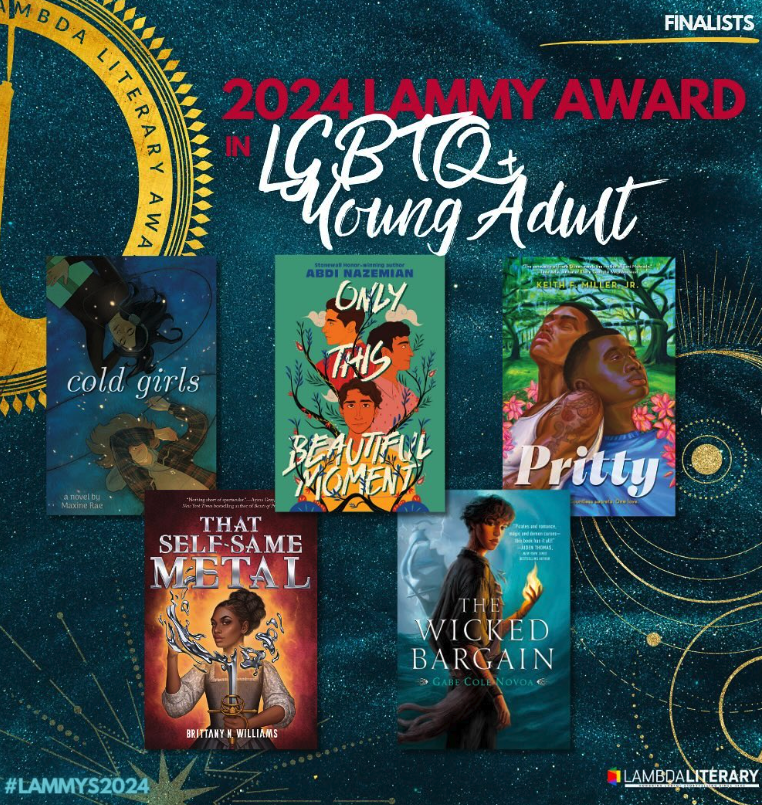 PRITTY has been named one of five finalists for the 2024 @lambdaliterary award category in LGBTQ+ Young Adult Fiction 🎉 Woot, woot! Excited to see <a href="/keithfmillerjr/">Keith F. Miller, Jr.</a> join the Lammy gang alongside <a href="/Abdaddy/">Abdi Nazemian</a> <a href="/BrittanyActs/">Brittany N. Williams</a> <a href="/maxine_rl/">Maxine Rae (COLD GIRLS out now!)</a> and <a href="/thegabecole/">Gabe (ACCOUNT RETIRED)</a> 🌸🌸🌸