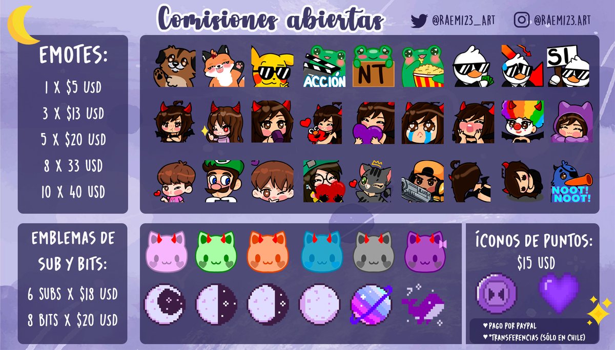 Raemi23_art's tweet image. ~ ✰ ℂ𝕠𝕞𝕚𝕤𝕚𝕠𝕟𝕖𝕤 𝕒𝕓𝕚𝕖𝕣𝕥𝕒𝕤 ✰ ~
Hola a todxs, les recuerdo que tengo abiertos las comisiones para emotes, emblemas de sub y bits! Cualquier consulta pueden mandarme un DM aquí o en IG💜 Se agracede el repost y los likes💜