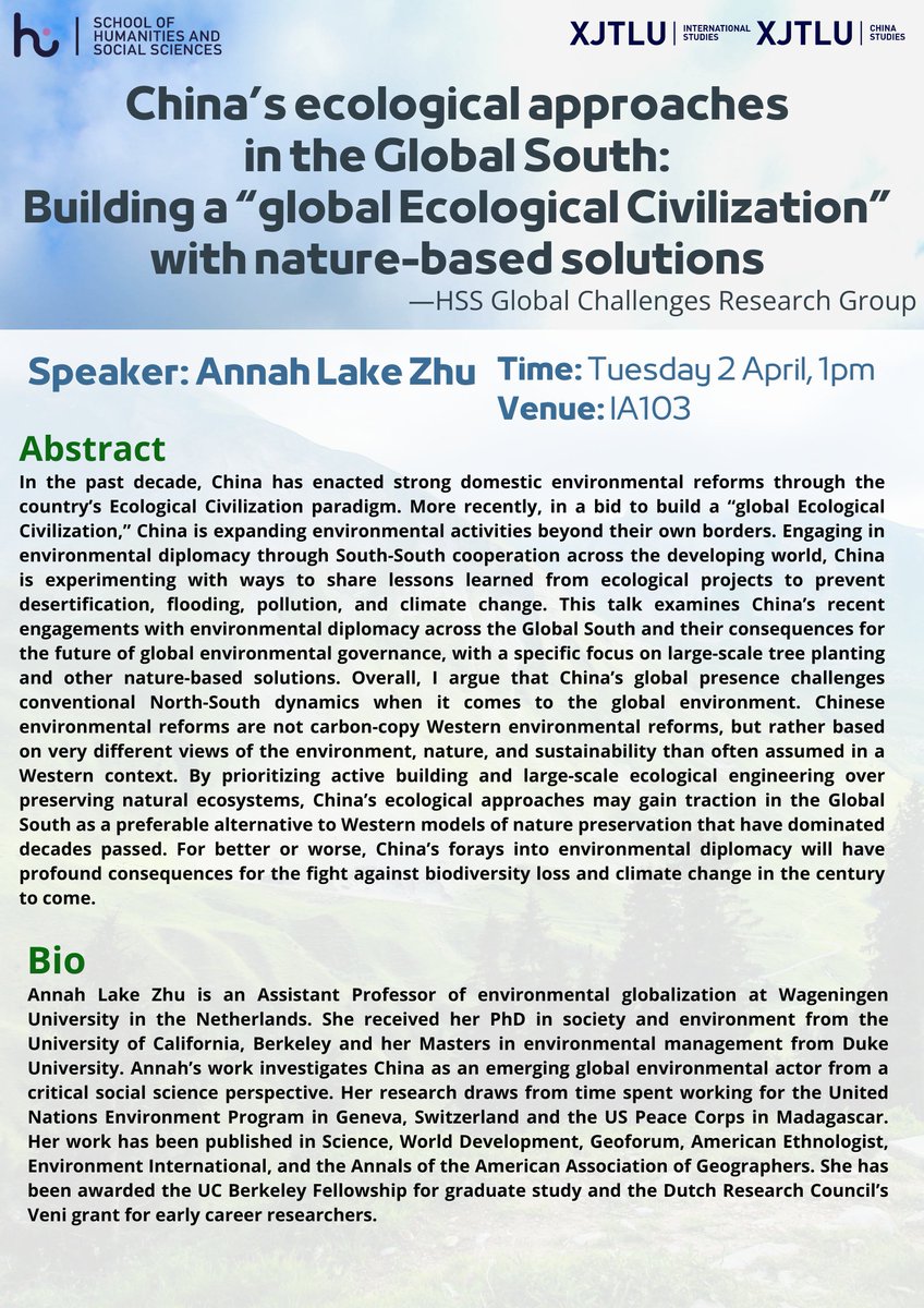 Happy to be speaking at XJTLU in Suzhou on April 2 on #China's ecological approaches in the Global South!