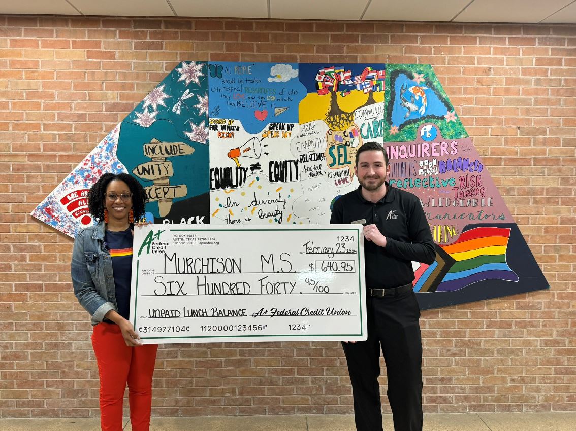 Our next A+ Gives donation takes us to @MurchisonMats and we're paying off $640 worth of unpaid lunch balances! 💚 #aplusgives #donation #aplusfcu #community #support