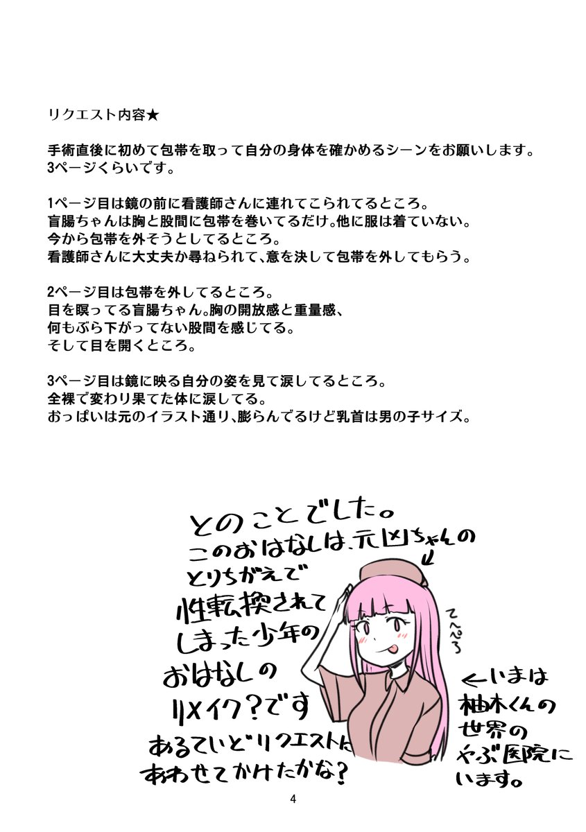 pixivリクエスト64 取り違えで性転換された盲腸ちゃんの確認
盲腸ちゃんの包帯を取って 見て 泣くというリクエストでした
だいたいリクエストの内容にはそったかたちに書けたかなと思います。
元凶ちゃんは医療事故を起こしたあと他の病院に移りさらにヤラカシます