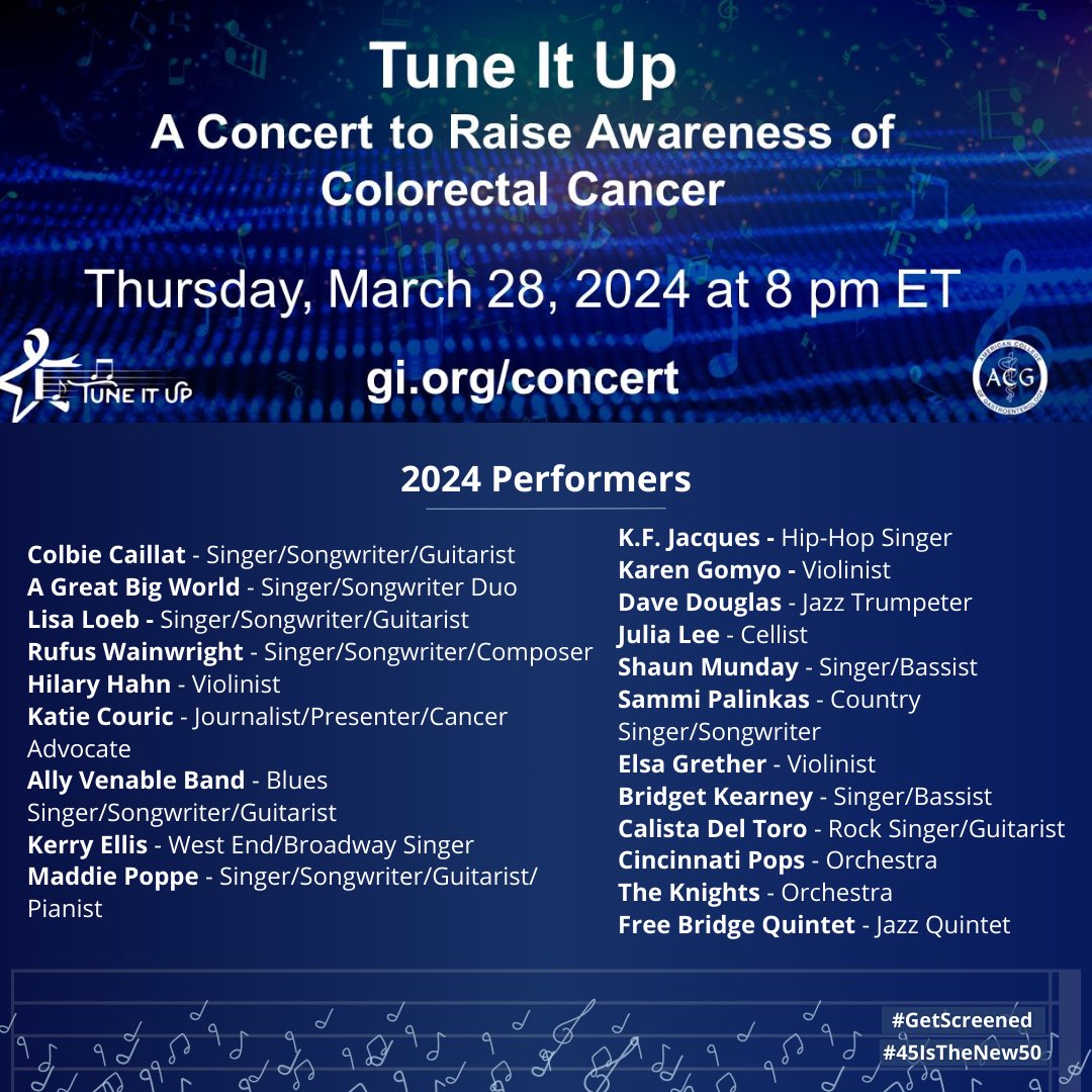 Tonight🎶

🎸Join @AmCollegeGastro for the annual #ColorectalCancer Awareness Free Concert at 8pm

🎺#TuneItUp to gi.org/concert for the beats of @ColbieCaillat @AGreatBigWorld @LisaLoeb & more artists & advocates!

Raise awareness for screening #45IsTheNew50 #ACGFamily