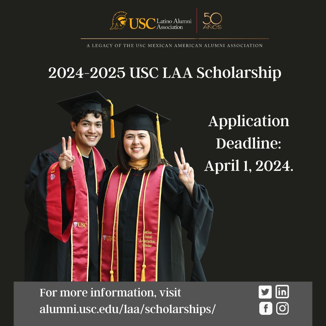 ℹ️ Scholarship Application is due next week, Mon., April 1st!🎓 

👍 We encourage prospective and continuing USC students to apply today! For more information, please visit buff.ly/4aNJMTe 
#USCLAAScholarship #SCholarshipDeadline