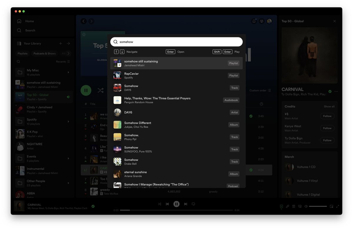 TIL Spotify has Command+K with fuzzy search across songs, playlists, albums, etc

how am I now just finding out about this ???