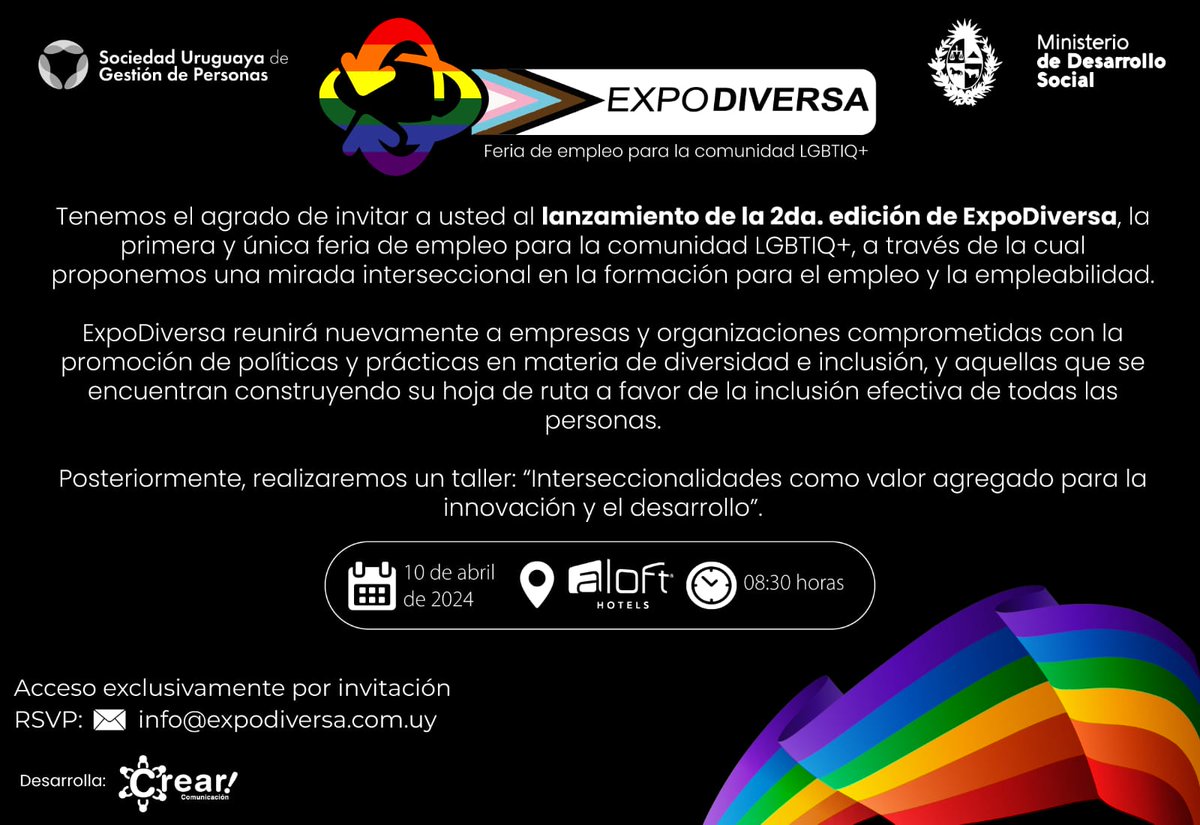 🌈 Por segundo año consecutivo #Uruguay tendrá su <a href="/expo_diversa/">Expo Diversa</a>!!!
🔛 Vuelve  la 1️⃣era. y única #FeriaDeEmpleo para la comunidad LGBTIQ+ y el 10 de abril brindaremos una conferencia de prensa junto a <a href="/midesuy/">Ministerio de Desarrollo Social</a>, ofreciendo posteriormente un taller orientado a empresas.