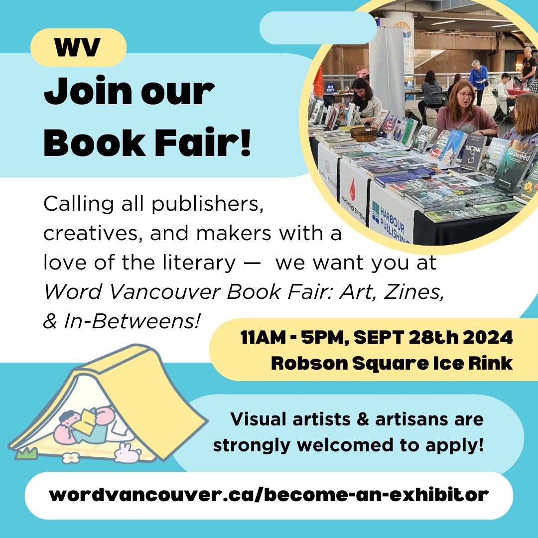 Have you applied for Word Vancouver Book Fair yet? We're excited to be hosting a range of writers, publishers, magazines, literary groups, illustrators, artists, and beyond!
Come exhibit your work and make new connections ✨
.
Apply now at wordvancouver.ca/become-an-exhi…